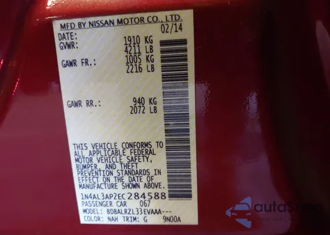 2014 Nissan Altima 2.5/2.5 S/2.5 Sl/2.5 Sv z USA, uszkodzony, nr VIN 1N4AL3AP2EC284588